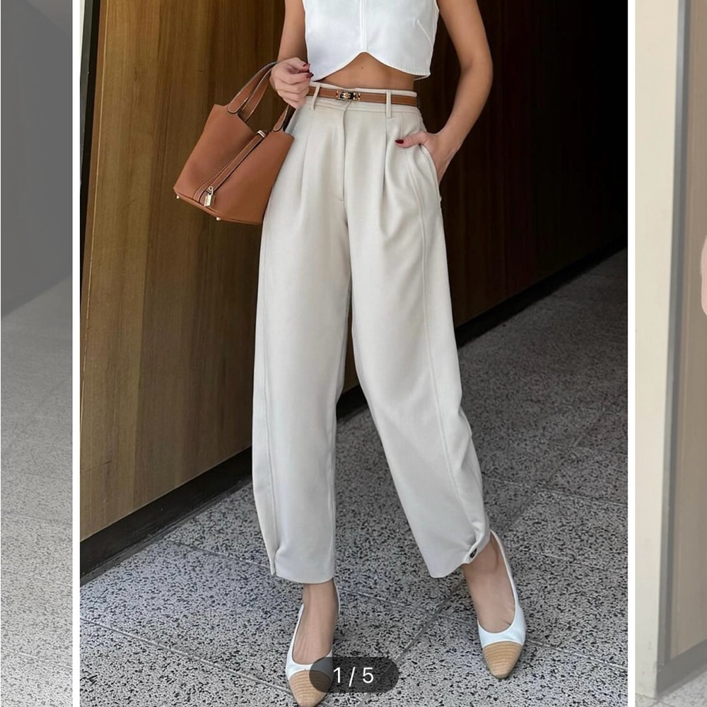 Commense Cream Wide-Leg Trousers with Paper-Bag Waist